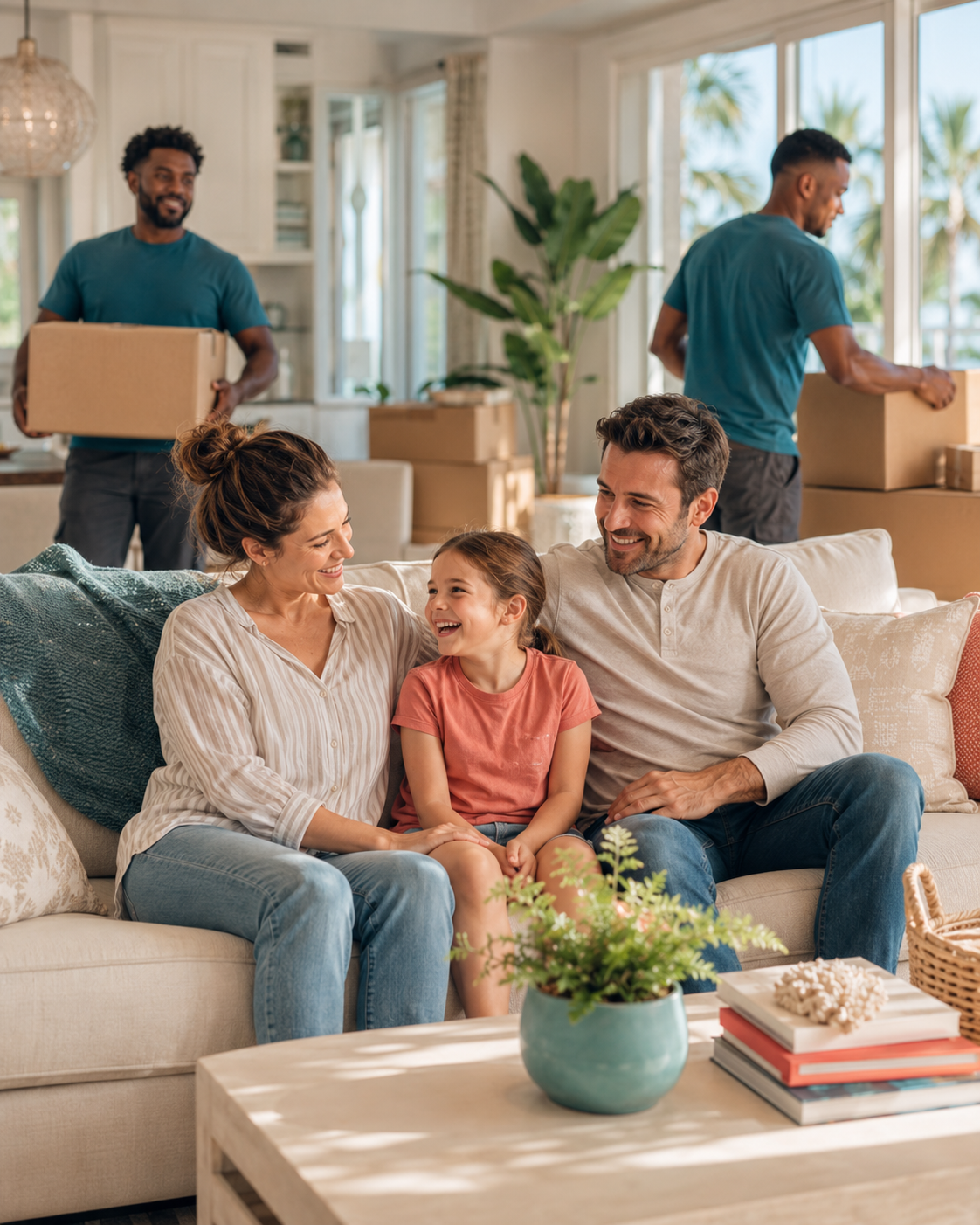 Professional local movers carefully carrying furniture out of a Florida home